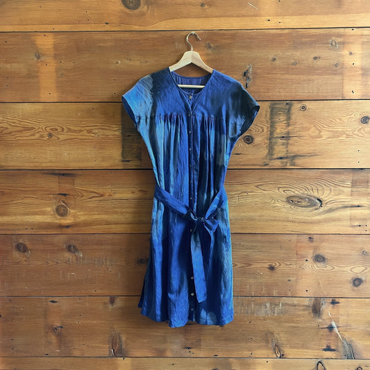 1 / S - Raquel Allegra Blue Silk Tie Dye Tie Waist Midi Length Dress 1002MG