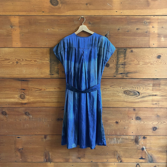 1 / S - Raquel Allegra Blue Silk Tie Dye Tie Waist Midi Length Dress 1002MG