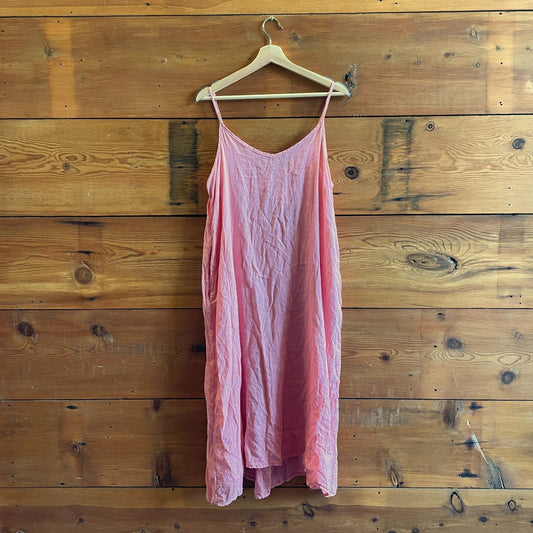 S - CP Shades Pink 100% Linen Sleeveless Shift Midi Dress w/ Pockets 0721DK