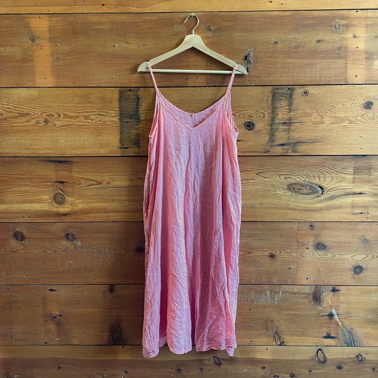S - CP Shades Pink 100% Linen Sleeveless Shift Midi Dress w/ Pockets 0721DK