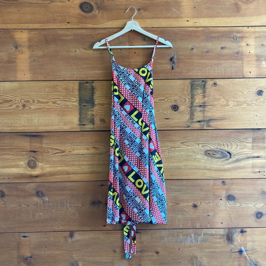 M / L - Moschino Red Black Silk Love & Peace Print VTG Y2K Slip Dress 0808BB