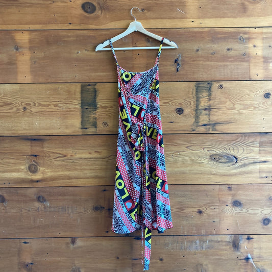 M / L - Moschino Red Black Silk Love & Peace Print VTG Y2K Slip Dress 0808BB