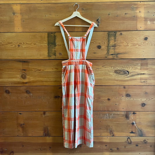 XS - Ace & Jig Red Orange Plaid White Bib Wide Leg Auggie Overalls 0312IG