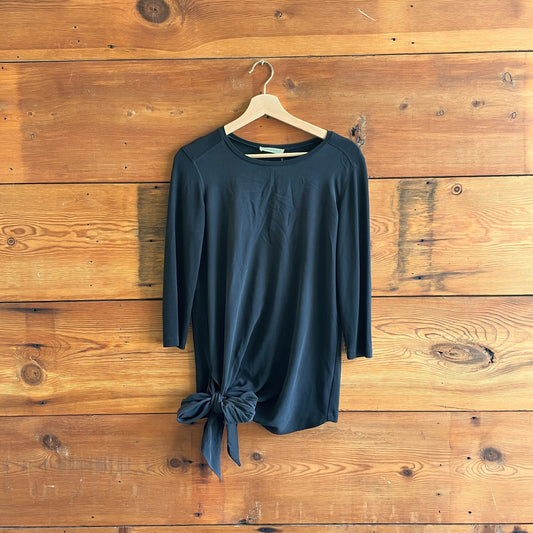 M - Max Mara Black Long Sleeve Silky Hip Tie Wide Neck Shirt Top 1205DA