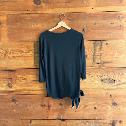 M - Max Mara Black Long Sleeve Silky Hip Tie Wide Neck Shirt Top 1205DA