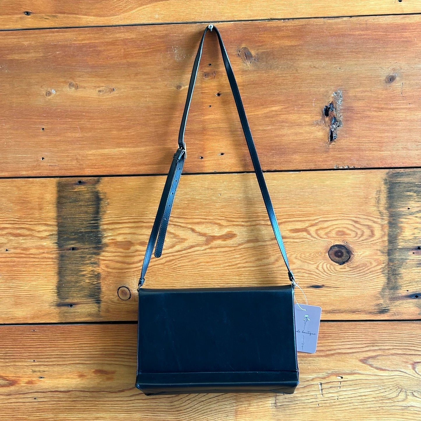 Stella McCartney Black Smooth Leather Fold Top Crossbody Purse Bag 0810RL