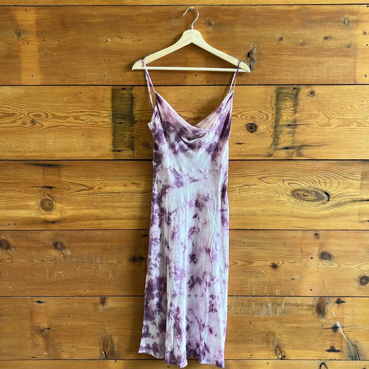 S - Realisation Purple Sleeveless Tie Dye Cowl Neck Midi Silk Dress 0810RL