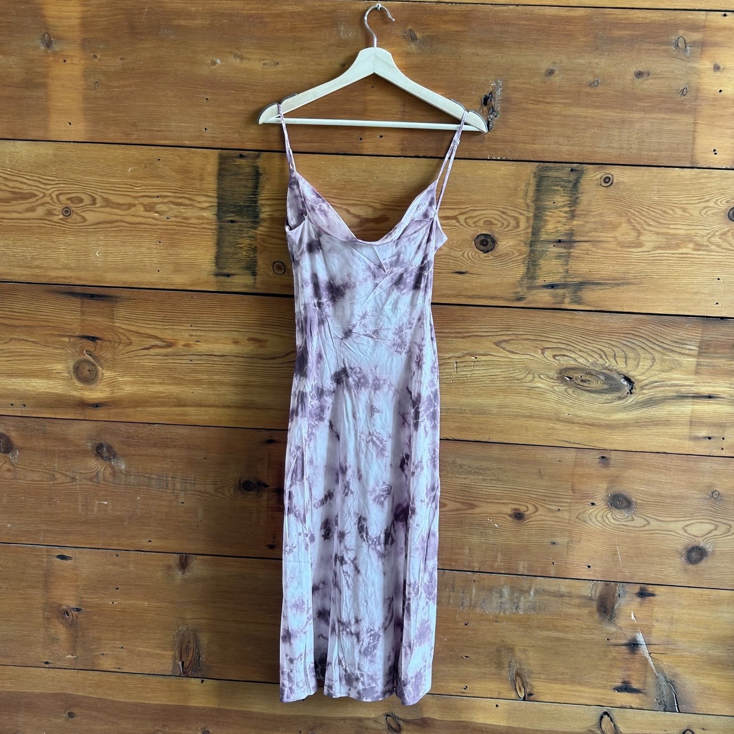 S - Realisation Purple Sleeveless Tie Dye Cowl Neck Midi Silk Dress 0810RL