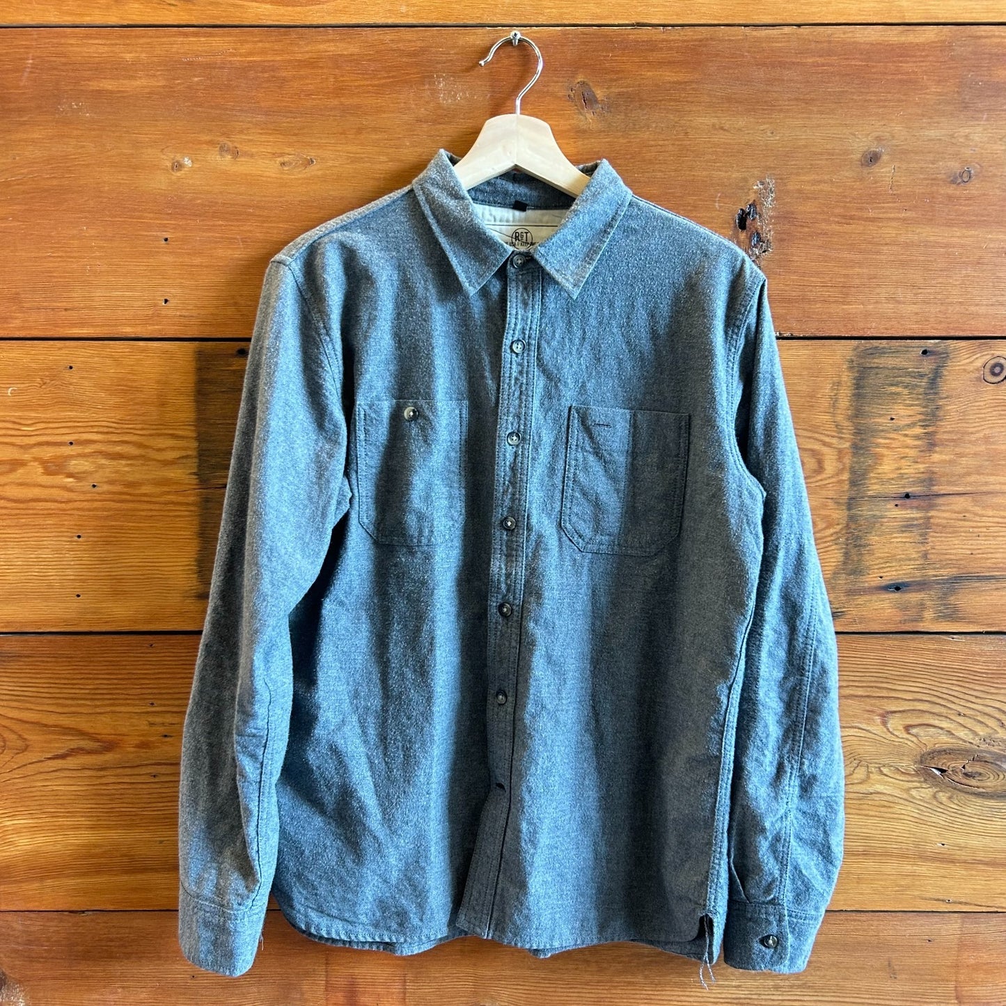 L - RGT Rogue Territory Gray Flannel Button Up Long Sleeve Shirt Top 0407DS