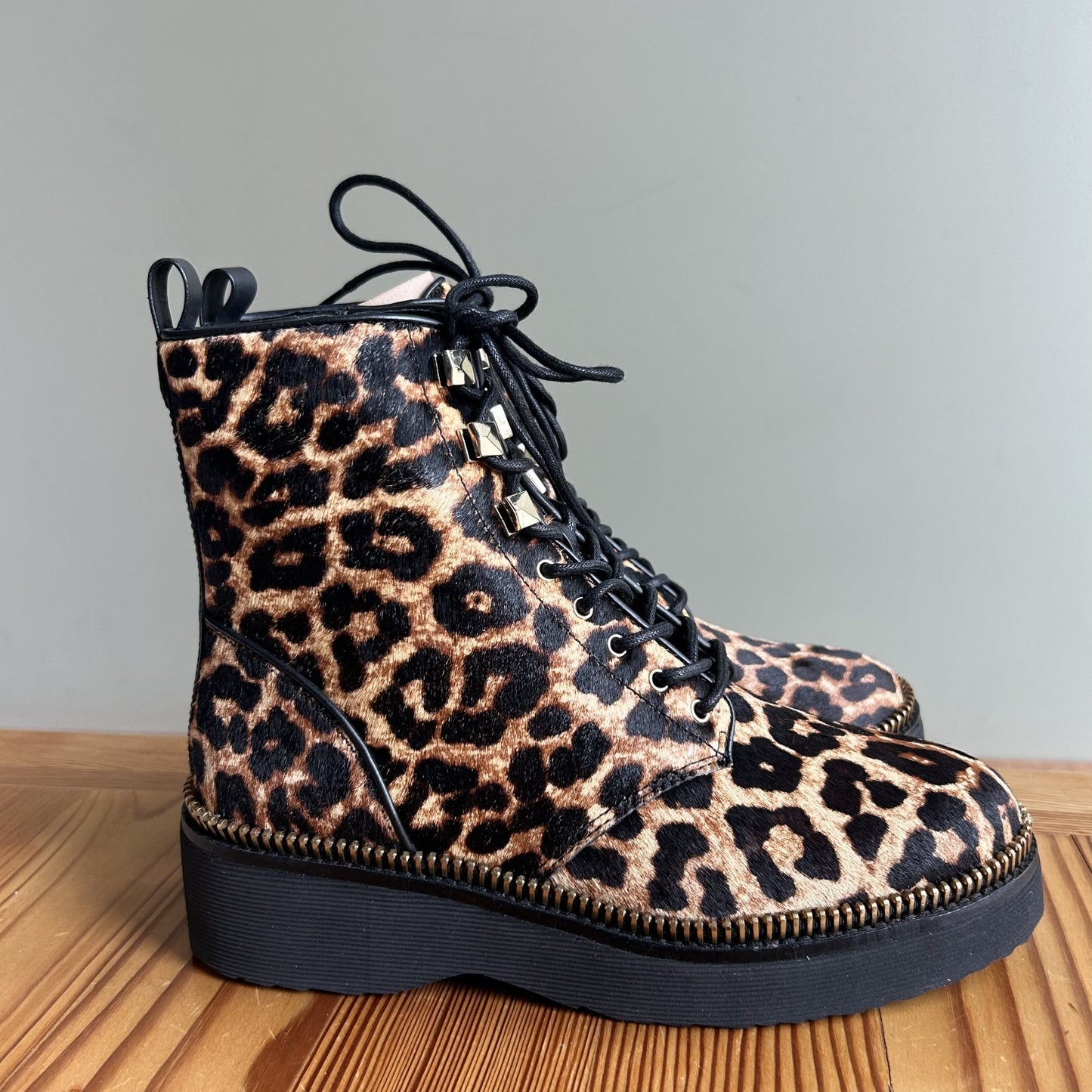 7 - Michael Kors $250 Leopard Printed Lace Up Haskell Boots NEW 0908SA