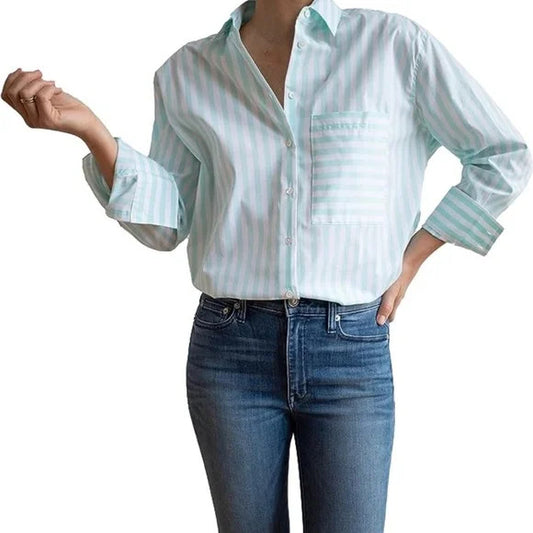 S - AYR Turquoise White Stripe Deep End Button Up Long Sleeve Shirt 1125KG