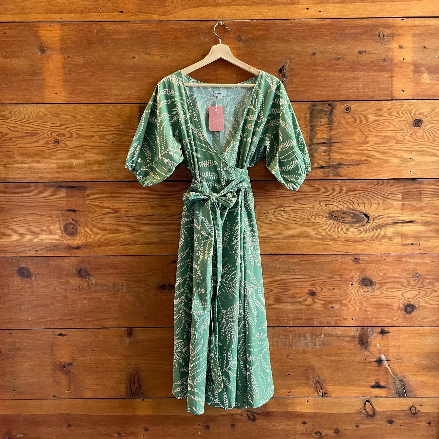 L - SummerSalt Green Coastal Poplin Puff-Sleeve Wrap Midi Dress 0815CH