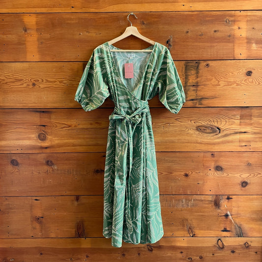 L - SummerSalt Green Coastal Poplin Puff-Sleeve Wrap Midi Dress 0815CH