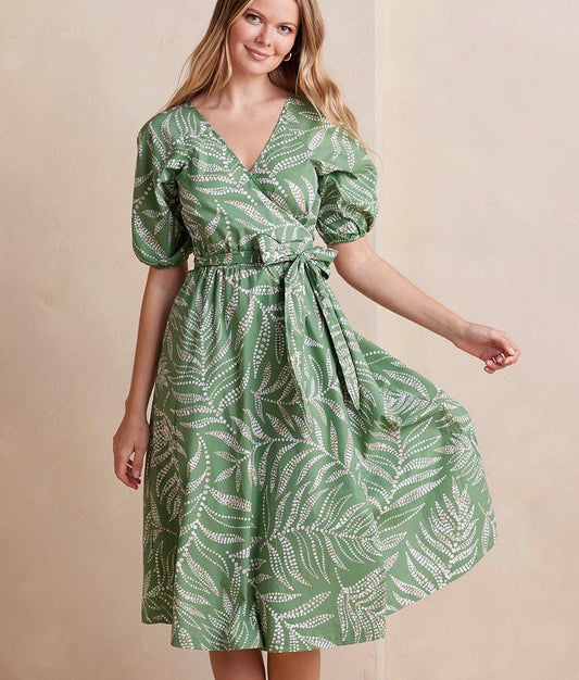 L - SummerSalt Green Coastal Poplin Puff-Sleeve Wrap Midi Dress 0815CH