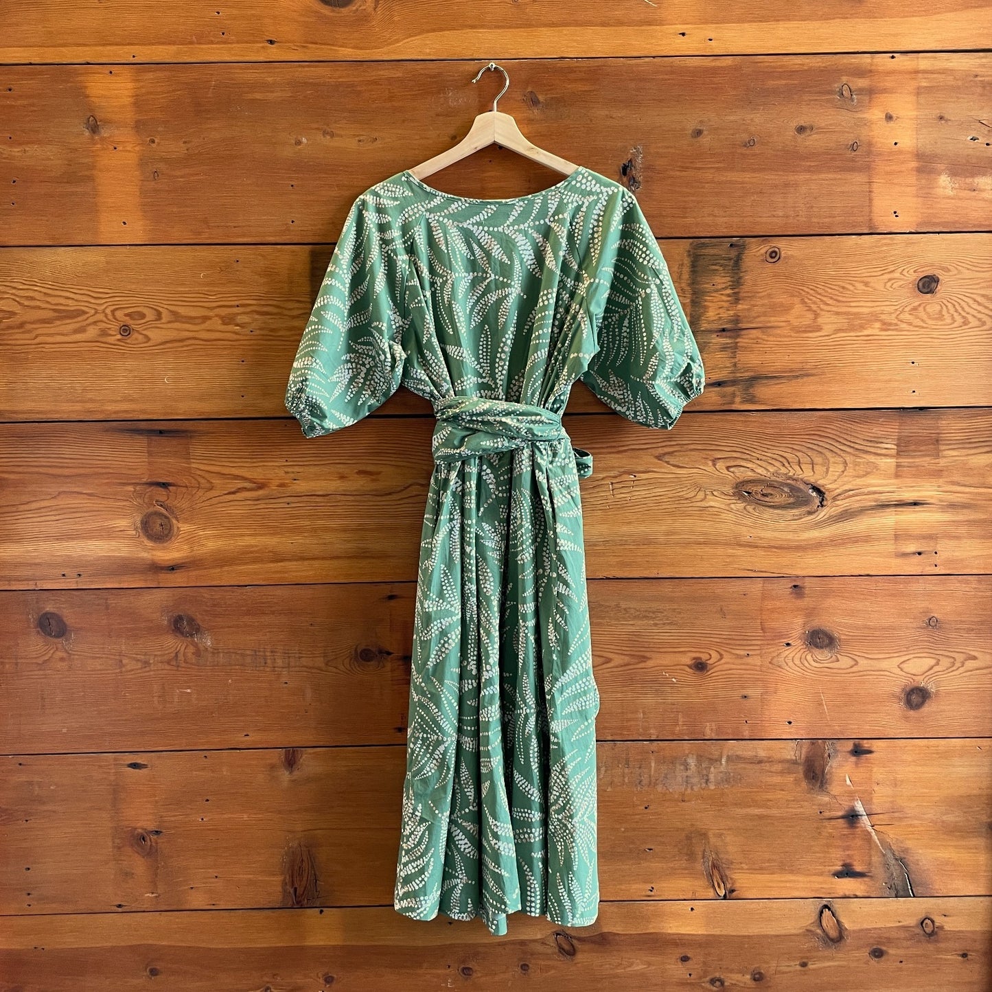 L - SummerSalt Green Coastal Poplin Puff-Sleeve Wrap Midi Dress 0815CH