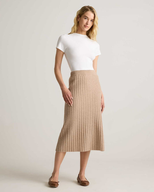 XS - Quince Tan Ribbed Mongolian Cashmere Midi Length Skirt 0309LD