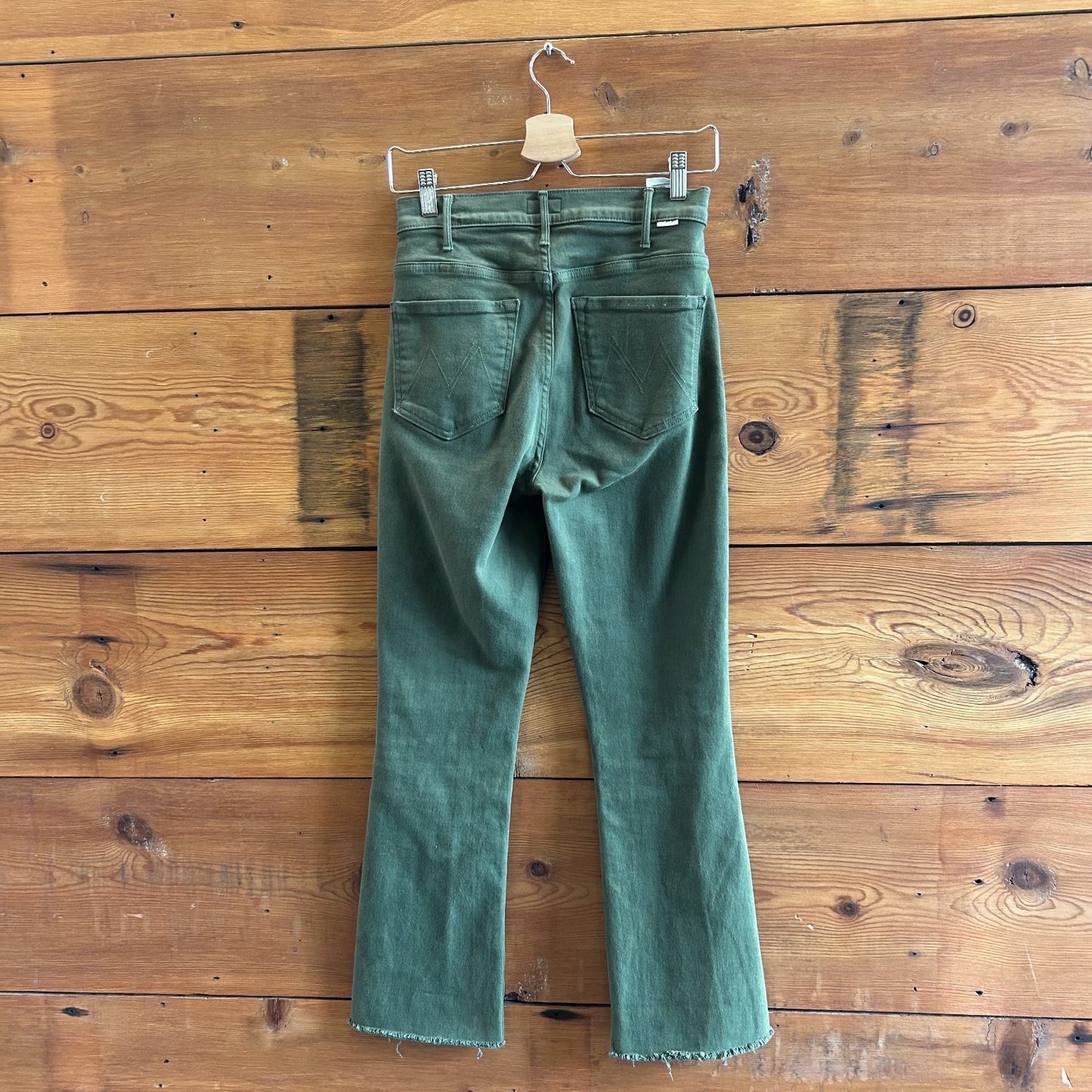 27 - Mother Green Hustler Ankle Fray Kick Flare Black Forest Wash Jeans 1206CC