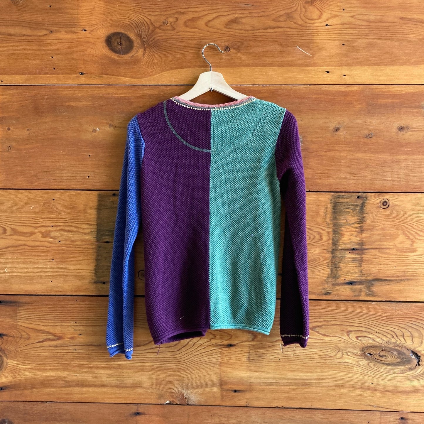 S - Gudrun Sjoden Teal Purple Colorblock Knit Open Front Cardigan Sweater 1215RJ
