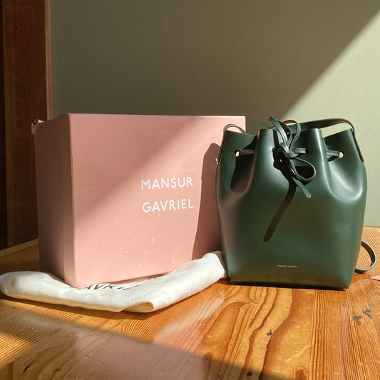 Mansur Gavriel $535 Forest Green Leather Bucket Crossbody Purse Bag NEW 0826NH