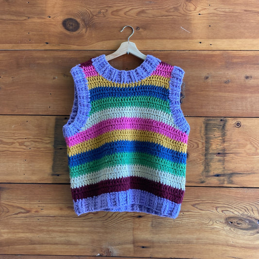 S - Farm Rio Bright Multi Color Rainbow Striped Chunky Knit Vest 0827RT