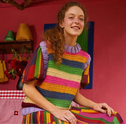 S - Farm Rio Bright Multi Color Rainbow Striped Chunky Knit Vest 0827RT