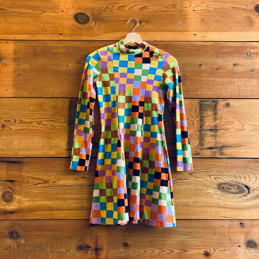 XS - Nooworks Colorful Checkerboard Patterned Mock Neck Skater Dress 0415AB