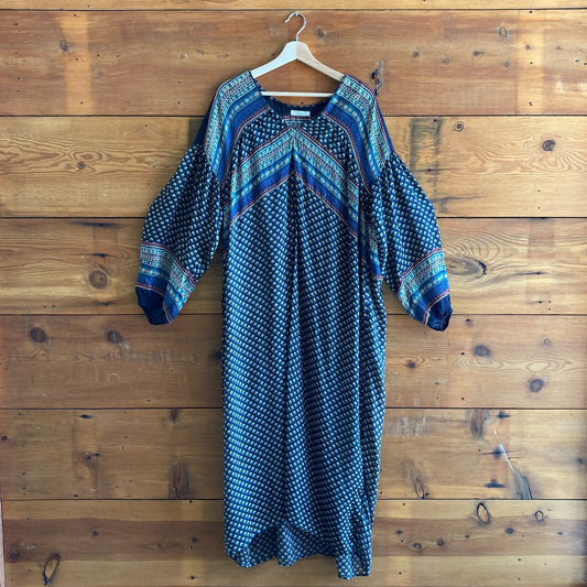 XS - Doen Multi Color Printed Silk Le Marche Long Sleeve Maxi Dress 0905AK