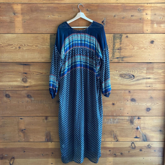 XS - Doen Multi Color Printed Silk Le Marche Long Sleeve Maxi Dress 0905AK