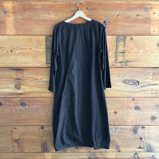 L - Sun Kim Black Long Sleeve Knit Nylon Contrast Midi Length Dress NEW 0901DM