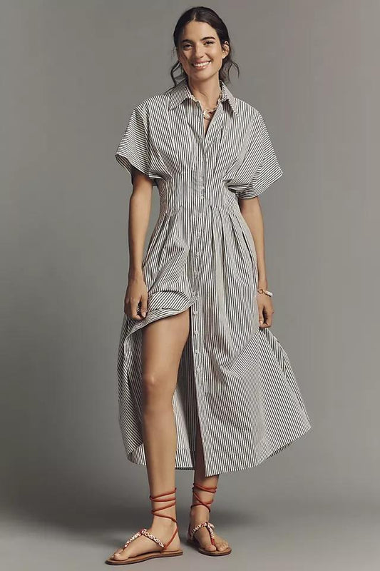 M Petite - Exquise Anthropologie Striped Tobie Button-Front Midi Dress 0916VB