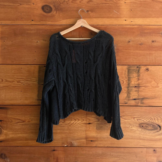 M - Inhabit Black Loose Holey Knit Pullover Long Sleeve Sweater 0721DK