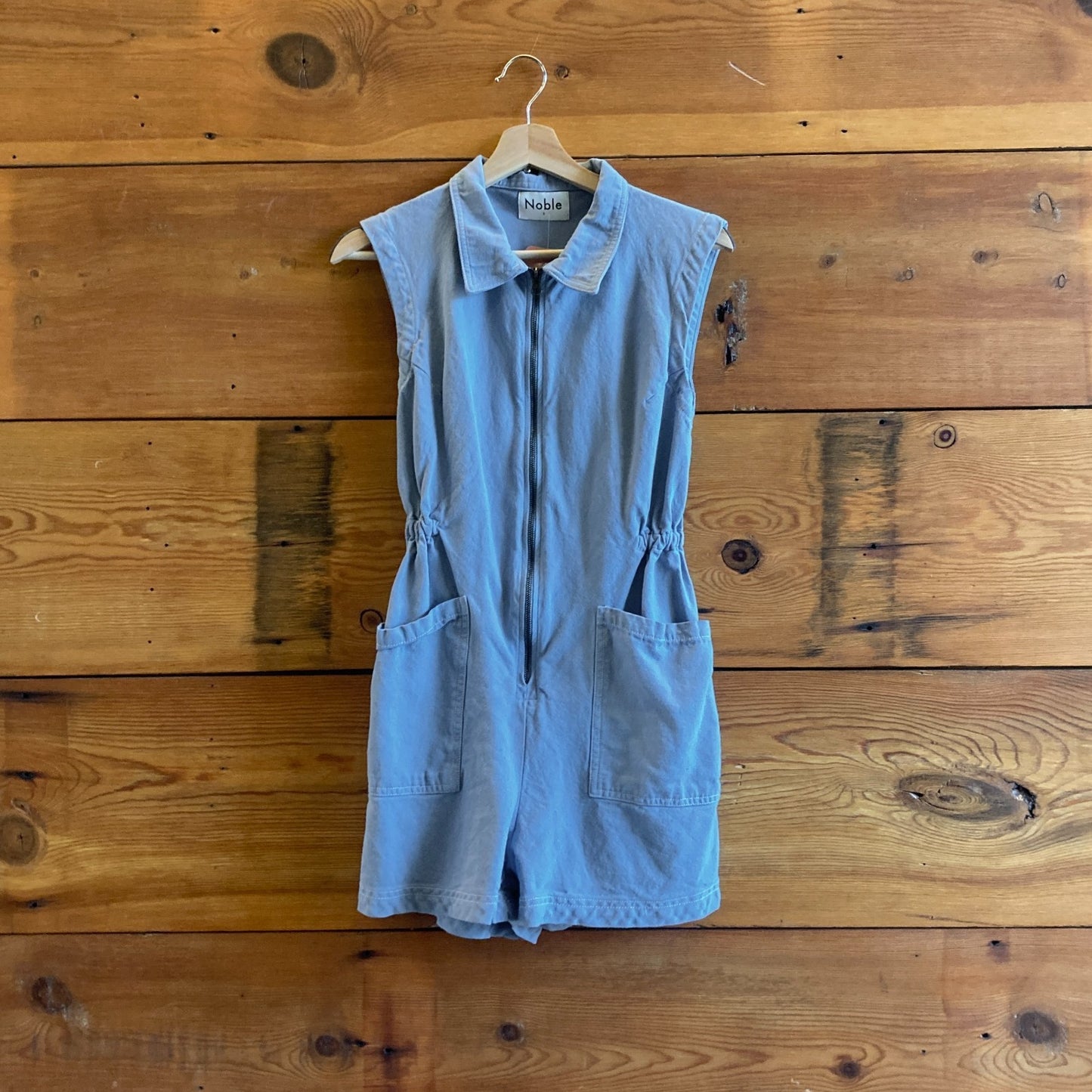 S - Noble Pebble Blue $168 Sleeveless Utility Zip Front Romper 0916VB
