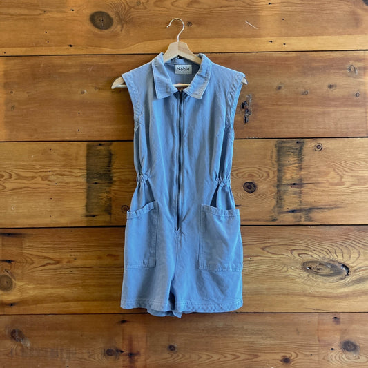 S - Noble Pebble Blue $168 Sleeveless Utility Zip Front Romper 0916VB