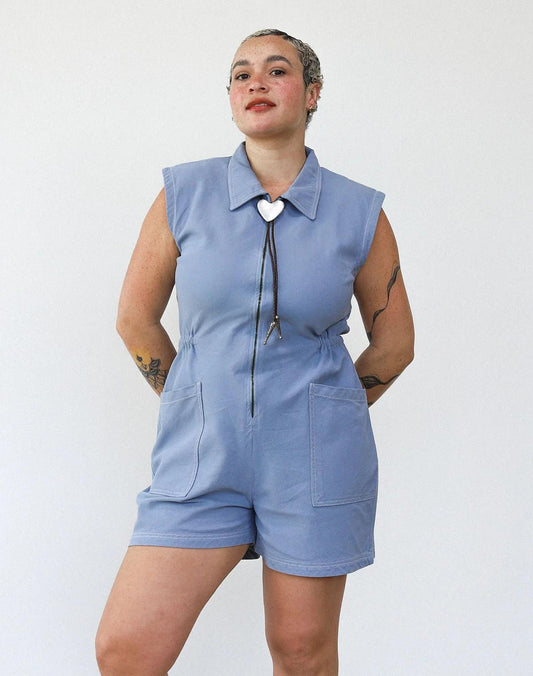 S - Noble Pebble Blue $168 Sleeveless Utility Zip Front Romper 0916VB