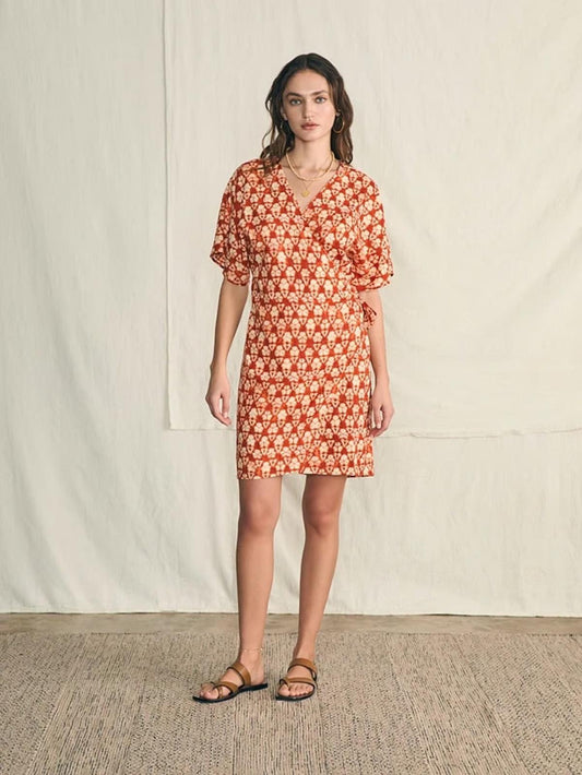 M - Faherty Red Spiced Shibori Print NEW Short Sleeve Wrap Dress 0902SD
