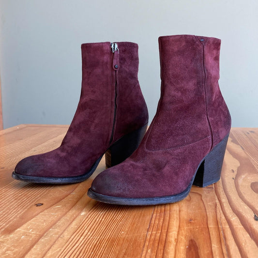 37 / 6.5 - Pantanetti Burgundy Suede Stacked Heel Ankle Booties Boots 0902SD