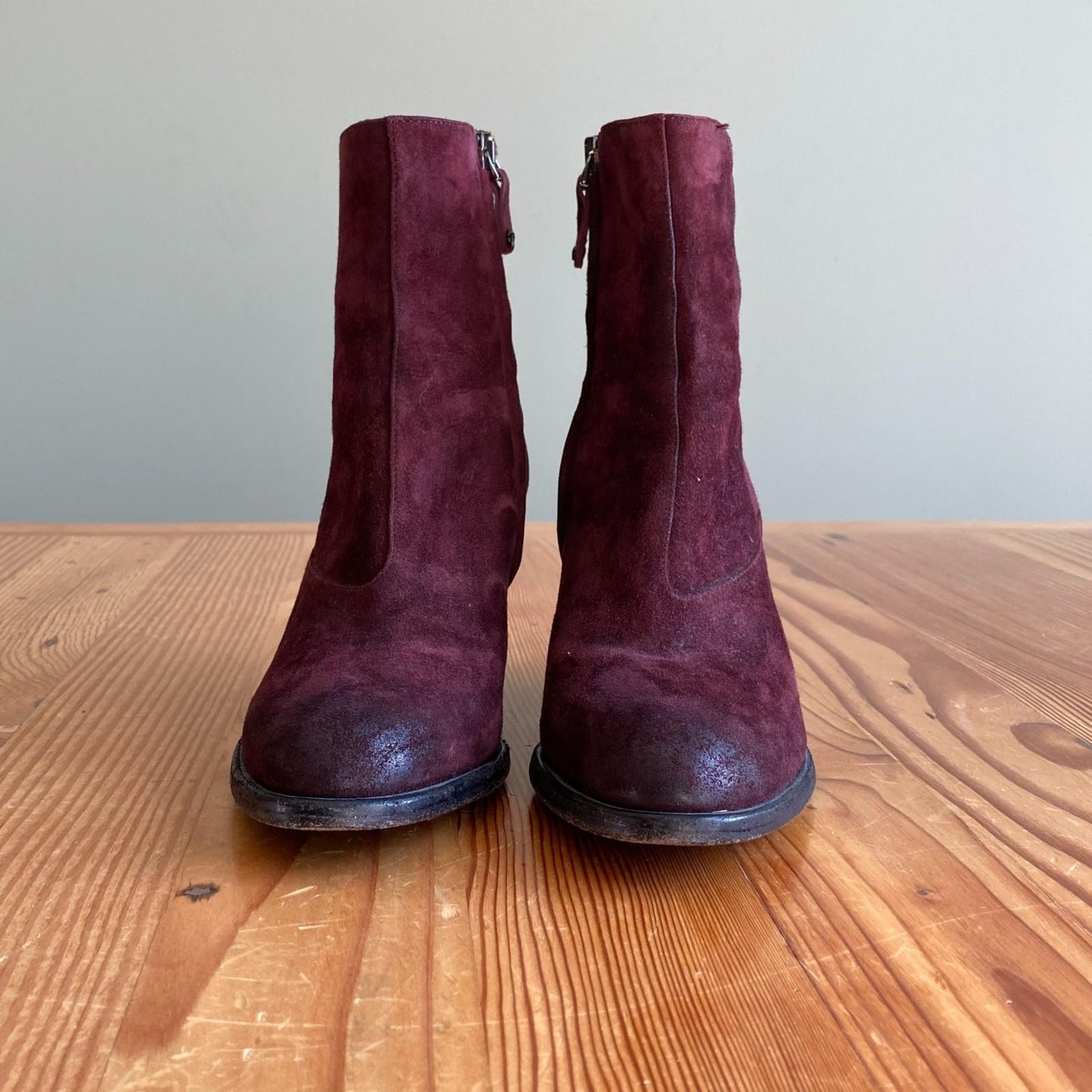 37 / 6.5 - Pantanetti Burgundy Suede Stacked Heel Ankle Booties Boots 0902SD