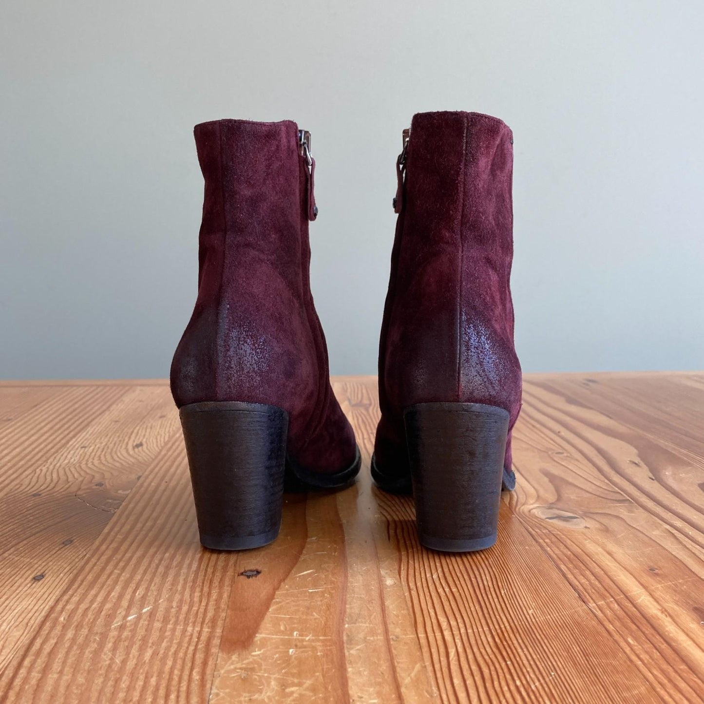 37 / 6.5 - Pantanetti Burgundy Suede Stacked Heel Ankle Booties Boots 0902SD