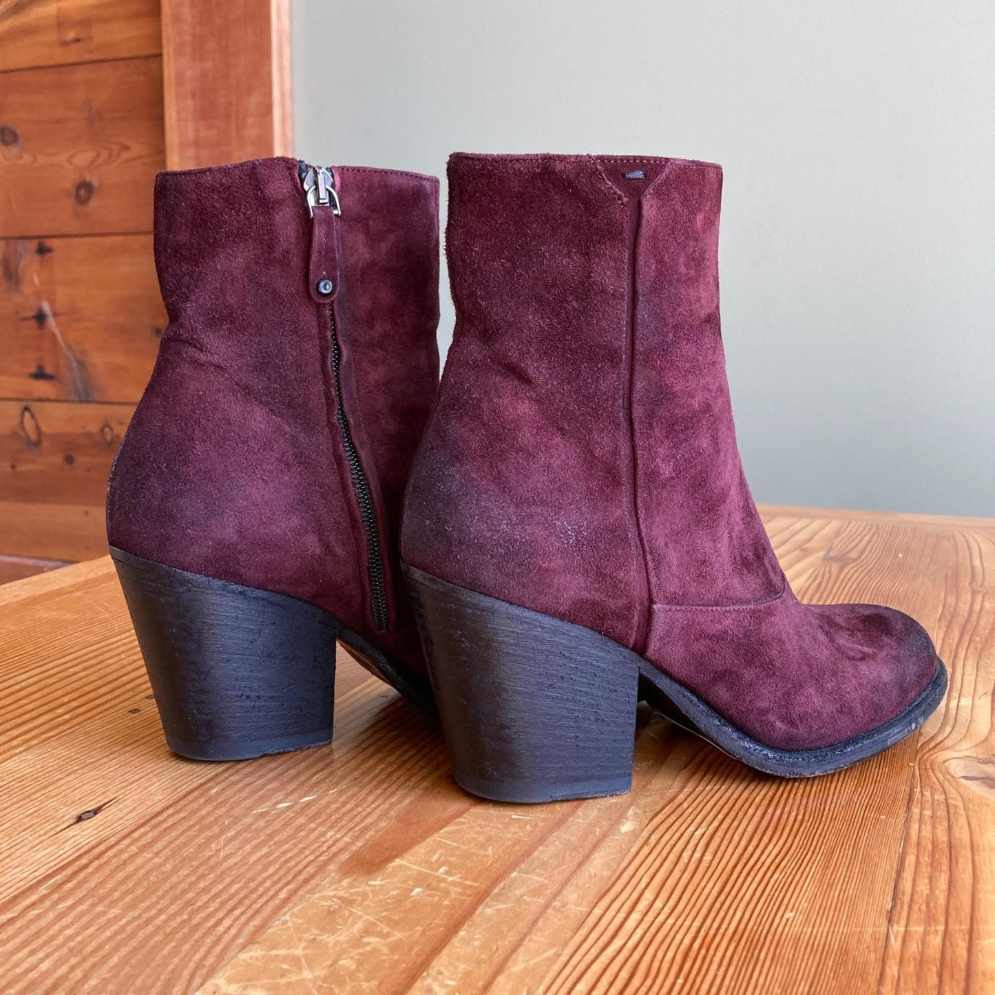 37 / 6.5 - Pantanetti Burgundy Suede Stacked Heel Ankle Booties Boots 0902SD