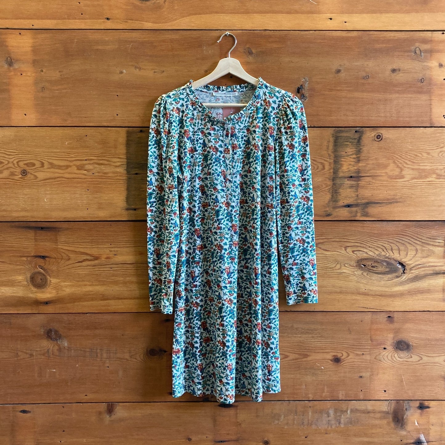 XS - Peruvian Connection Green Floral Print Long Sleeve Ruffle Neck Dress 0118AB