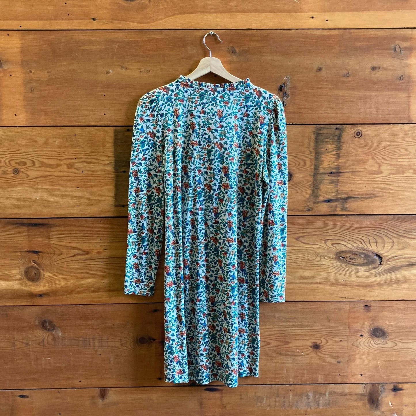 XS - Peruvian Connection Green Floral Print Long Sleeve Ruffle Neck Dress 0118AB