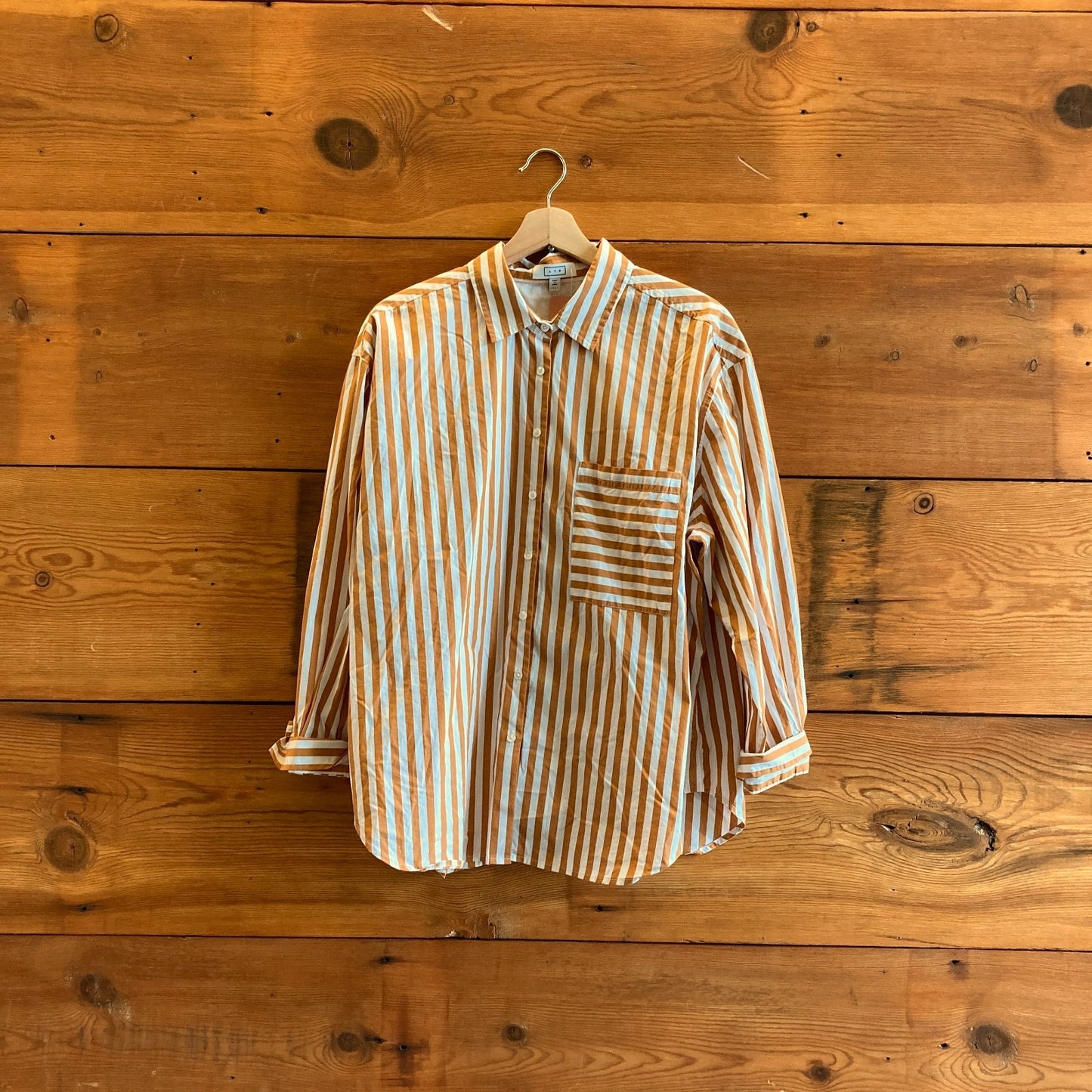 XL - AYR $155 Tan & White Striped Button Up Deep End Shirt Top 0617RF