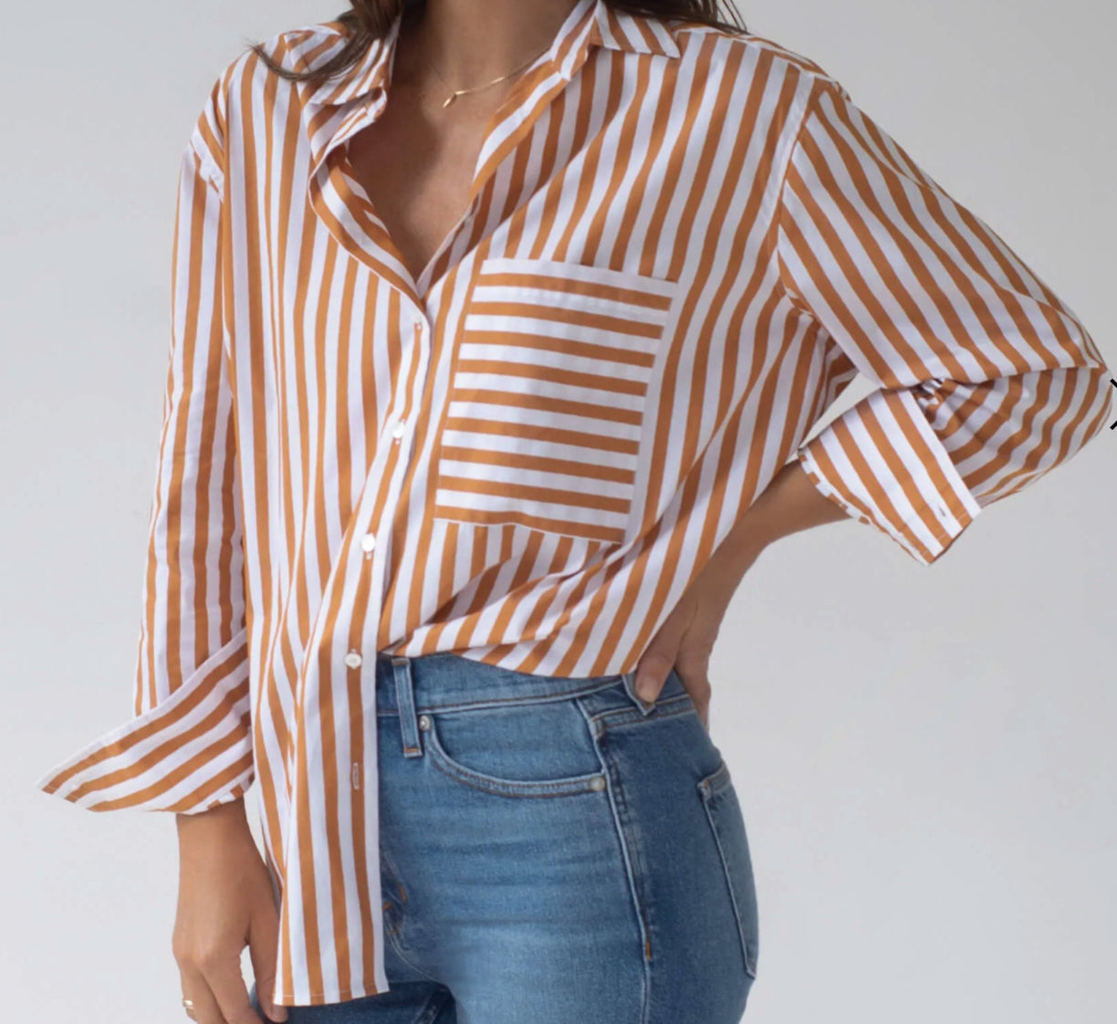 XL - AYR $155 Tan & White Striped Button Up Deep End Shirt Top 0617RF