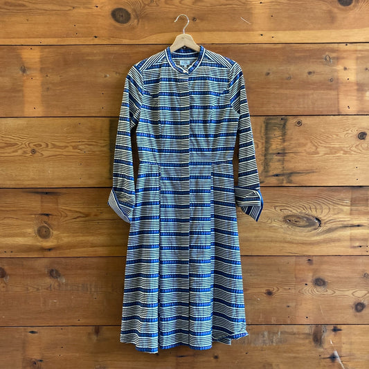 6 - Suno Blue Black White Stripe 3/4 Sleeve Button Front Midi Shirt Dress 0915CM