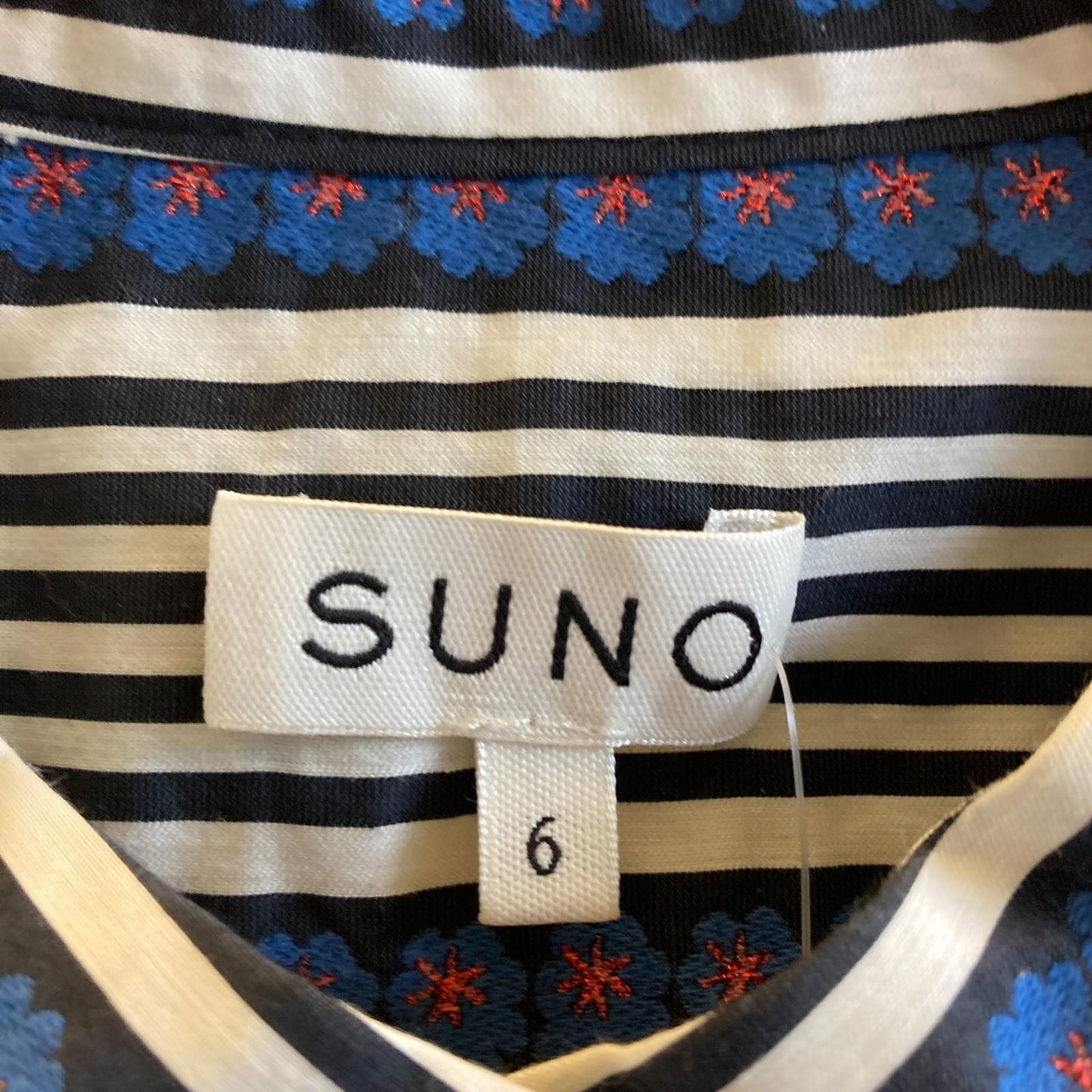 6 - Suno Blue Black White Stripe 3/4 Sleeve Button Front Midi Shirt Dress 0915CM