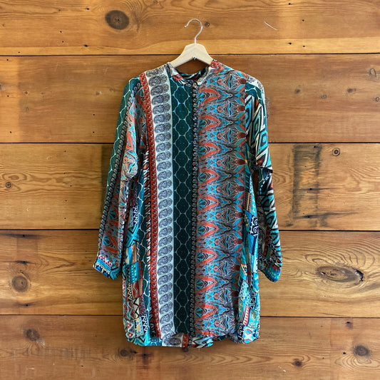 XS - Johnny Was Multi Color Mixed Print Long Sleeve Tunic Dress 0118AB