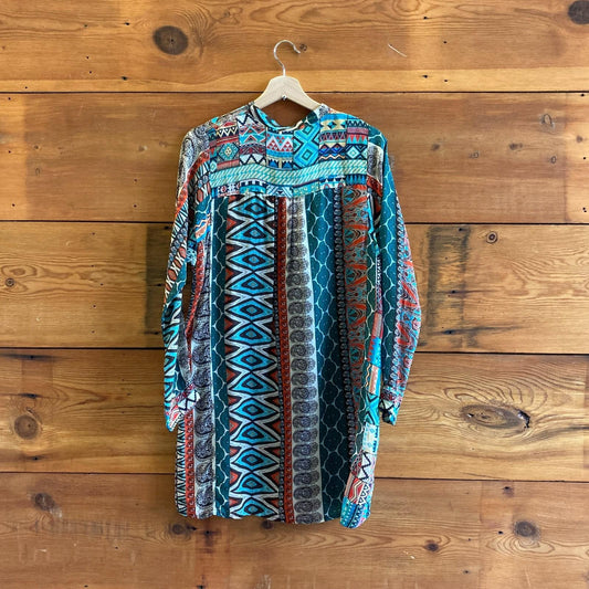 XS - Johnny Was Multi Color Mixed Print Long Sleeve Tunic Dress 0118AB