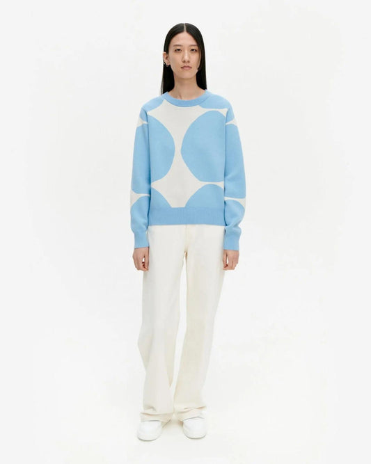 S - Marimekko Kioski Light Blue White Circle Print Pullover Sweater 0203SK