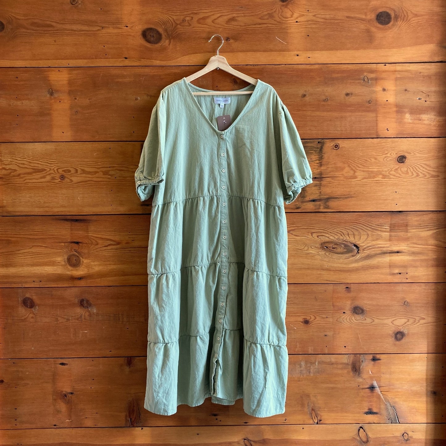 2X / XXL - Tradlands Sage Green Button Front Short Sleeve Tiered Dress 0923AP