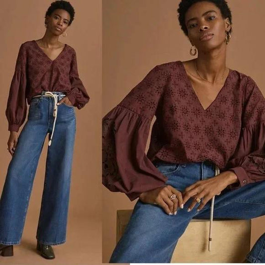 XS - by Anthropologie Raspberry Embroidered Eyelet NEW $148 Shirt Top 1213SM